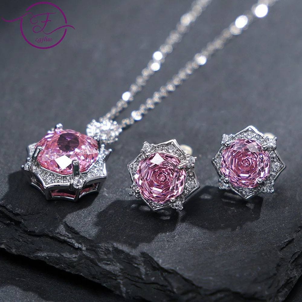 

New Fashion Rose Flower Cut Pink Zircon Jewelry Sets Shiny Luxury Pendant Necklace Stud Earrings Bridal Wedding Engagement Gifts