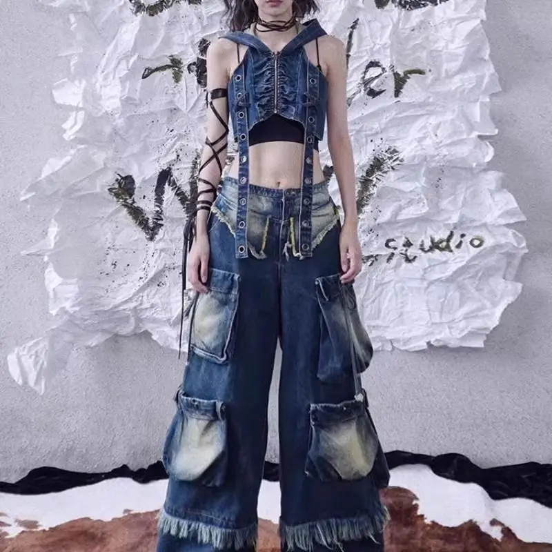 

American High Street Retro Single Piece/Two-Piece Set Denim Short Vest Multi-Pocket Jeans Women'S Summer New Old Design Set