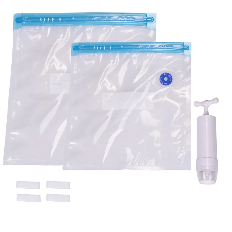 Sous Vide tas vakum elektrik 15 Pak, dapat digunakan kembali penyimpanan makanan, penyegel hemat dengan 1 pompa tangan, 2 ukuran tas tersegel, 4 klip