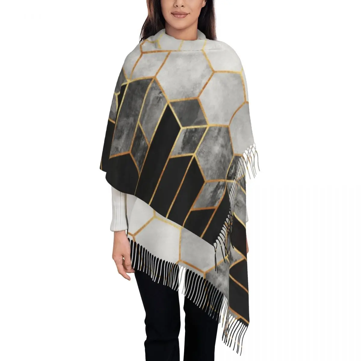 Ladies Large Charcoal Hexagons Scarves Women Winter Soft Warm Tassel Shawl Wrap Abstract Geometric Pattern Scarf