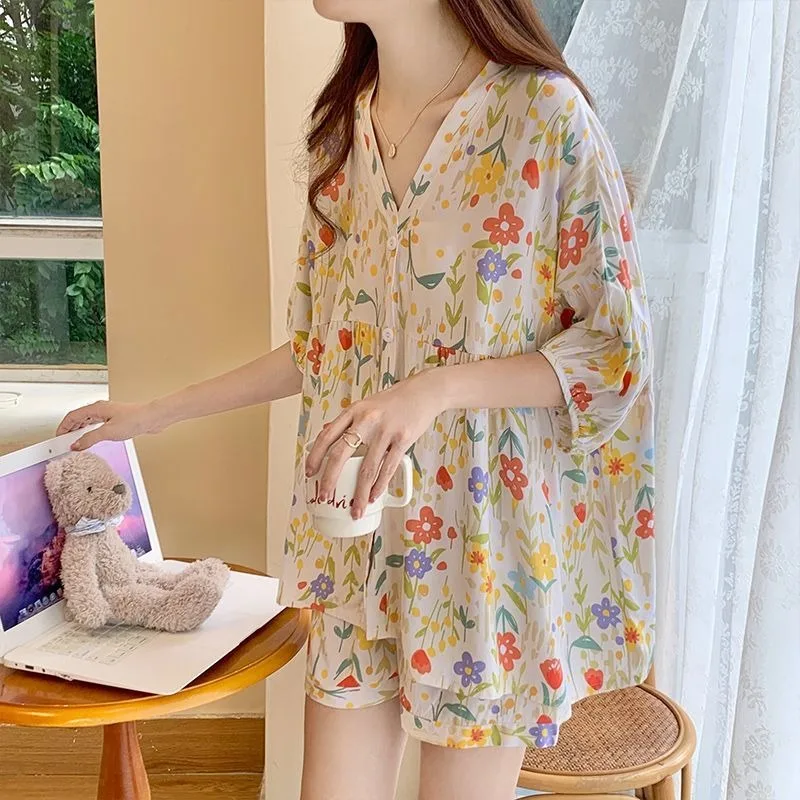 Ensemble de pyjama à manches courtes pour femmes, vêtements de détente floraux japonais fins, shorts d'été frais, vêtements d'été coréens pour étudiants, vêtements doux pour la maison