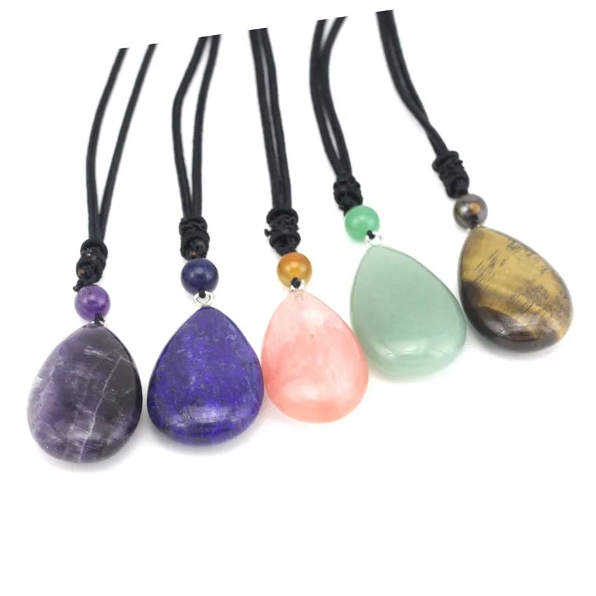 Crystal Water Drop Pendant Natural Amethyst Rose Quartz Lapis Lazuli Black Onyx Stone Pendant Adjustable Rope Chain Necklace