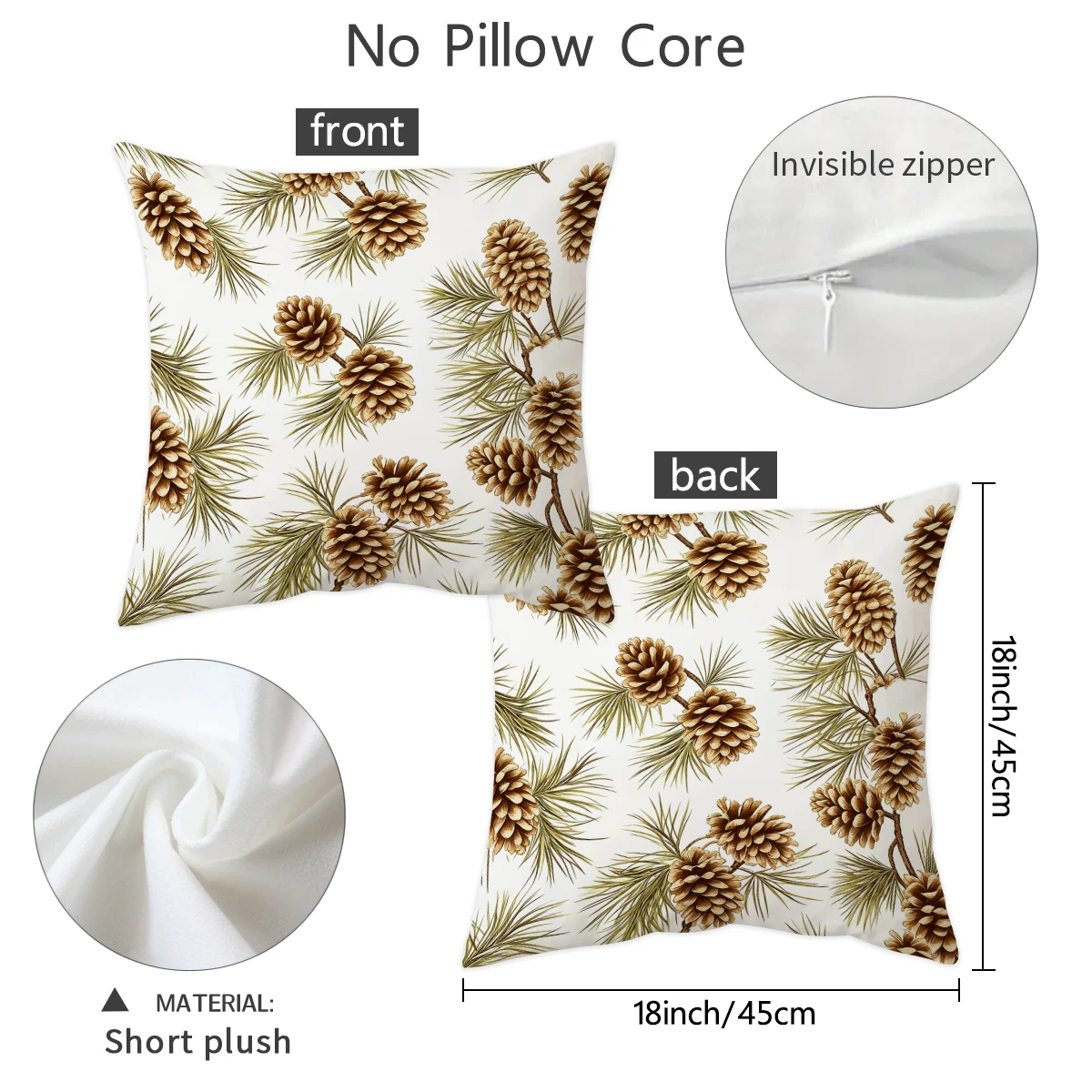 1/2pcs Retro Pinecone Pine Branch Double sided Short Plush Pillowcase, 18x18 inch Double sided Pillowcase (No Pillow Core)