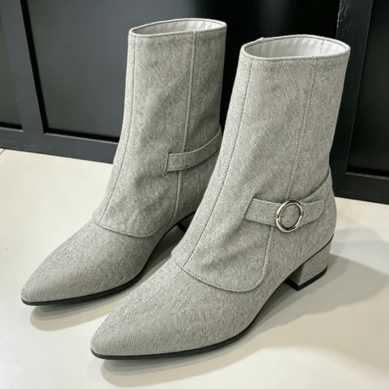High-Quality Soft-Leather PU Wedge Ankle Boots Women Fashion Pointed-Toe Buckle Detail Designer Shoes Street-Style Modern Boots