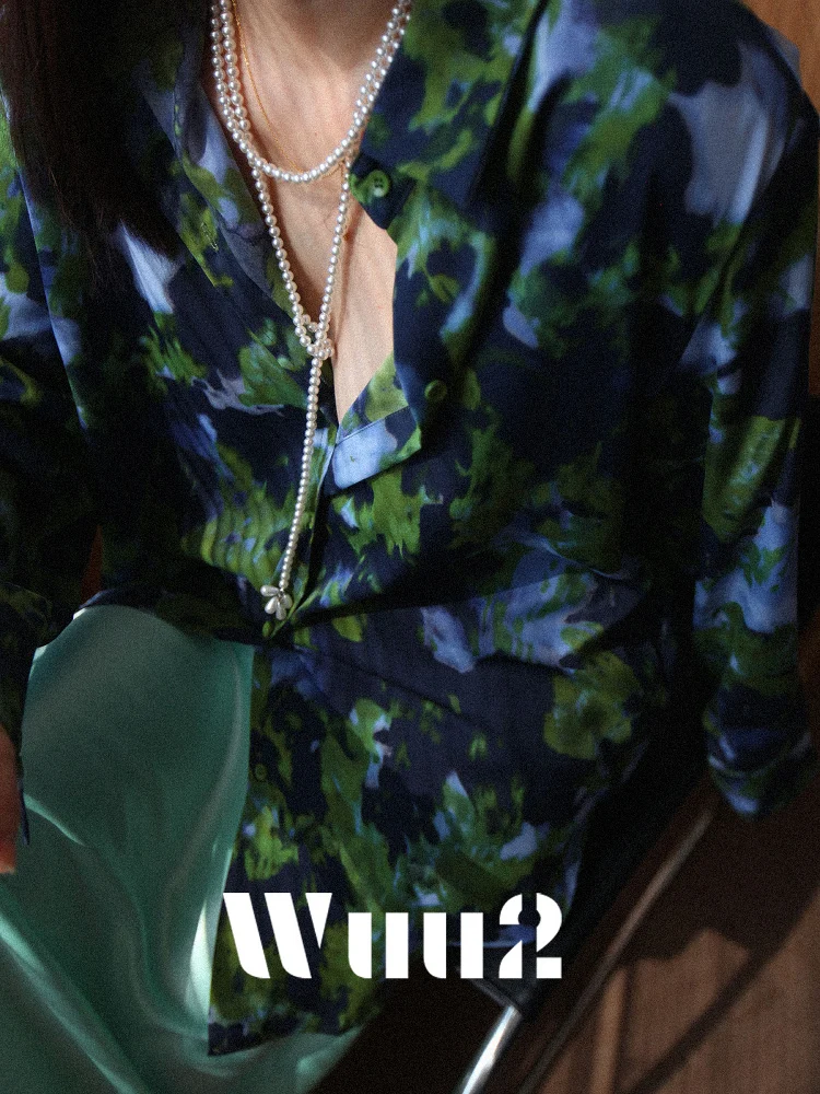 

Wuu2 Lin Feng Luoding Винтажная женская шелковая блузка с уникальным принтом, гладкая, свободного кроя, с длинным рукавом и воротником, весна-лето