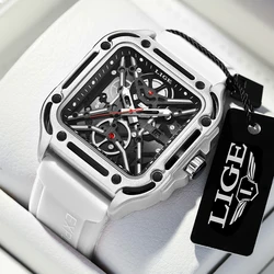 LIGE Hollow Design Mens Watches Square Quartz Wristwatches Luminous Auto Date Watch Men 5ATM Waterproof Silicone Man Wach+Box