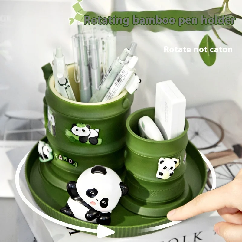 2024 Panda Bamboo Rotating Pen Holder Children Boy Girl Student Gift Desktop Originality Lovely Good-Looking Pen Bucket Pen Case