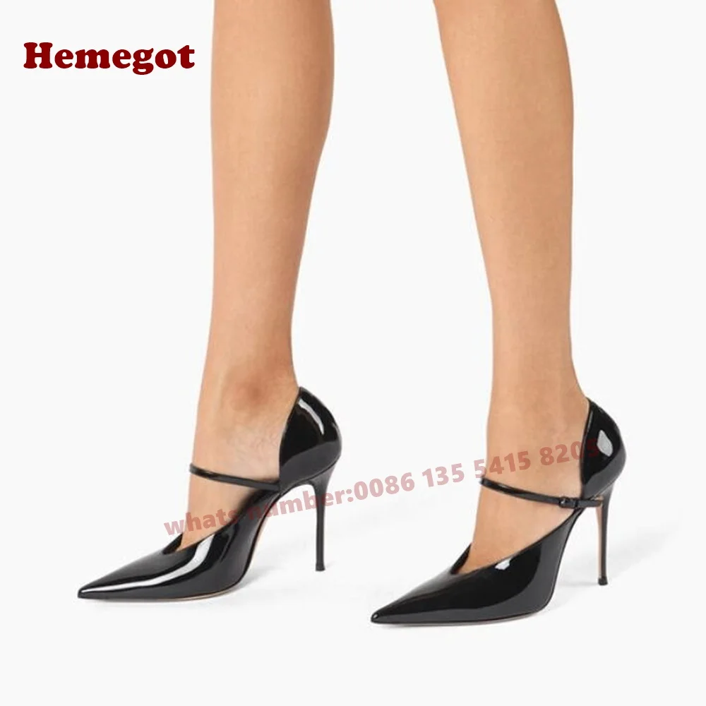 Burgundy Buckled Shallow Pumps Pointy Toe One Strap Stiletto Heels Women's Pumps 2025 New Solid Glossy Summer Elegant Luxury