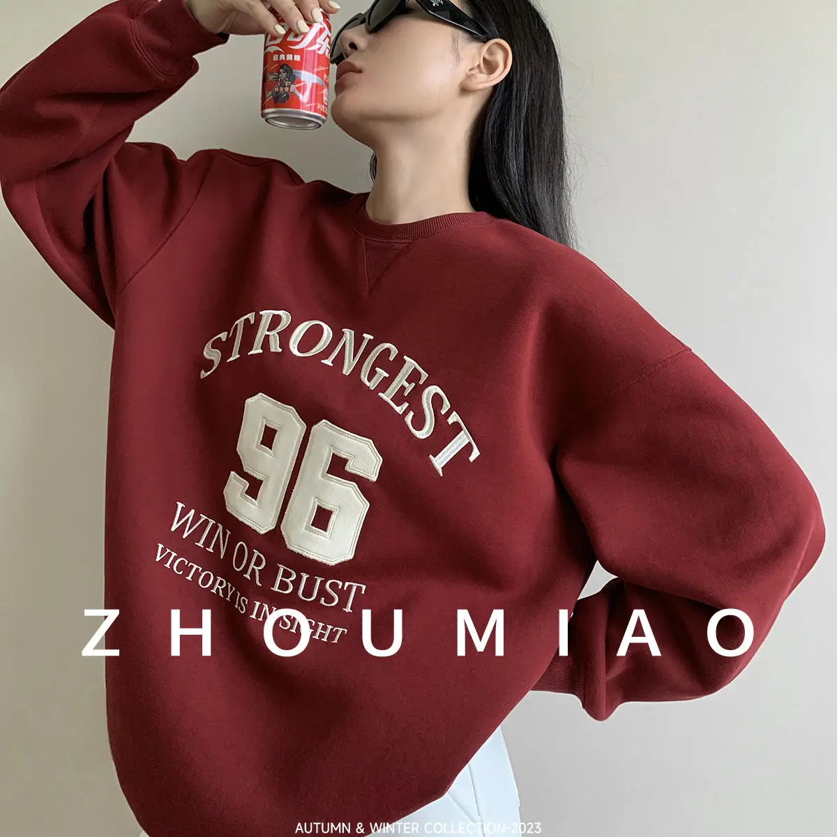 Autumn and Winter Appliqué Embroidered American Round Neck Pullover Sweatshirt for Women Loose Shoulderless Hoodless Lazy Style