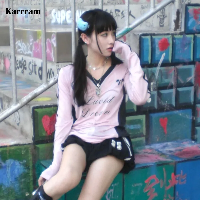 Karrram Japanese Y2k Pink Long Sleeve T-shirt Vintage Harajuku Letter Print Sheer Top 2000s Aesthetics V-neck Translucent Tops