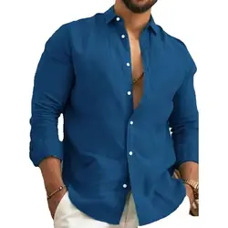 Men's Shirt Vintage Cotton And Linen Solid Color Youth Casual Button-Down Plus Size Shirts Business Social Shirt Male Blouse