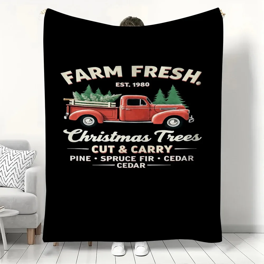 

Vintage Red Truck Farm Fresh Christmas Trees Blanket Black Festive Fleece Blanket with Retro "Cut & Carry" Design for Couch Bed,