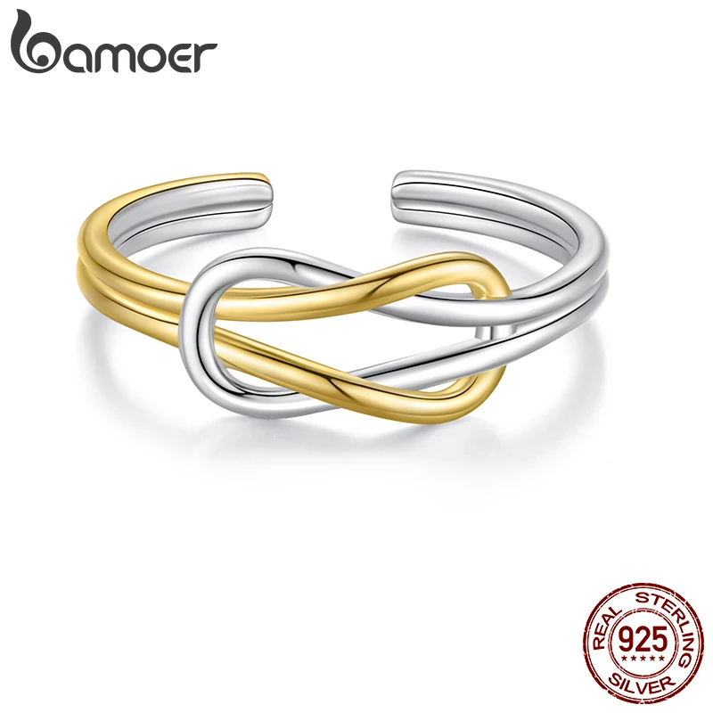 BAMOER 925 Sterling Silver Two-tones Cross Open Ring, Sleek Polished Double Knots Ring for Women Teen Girls Bold Party Gift