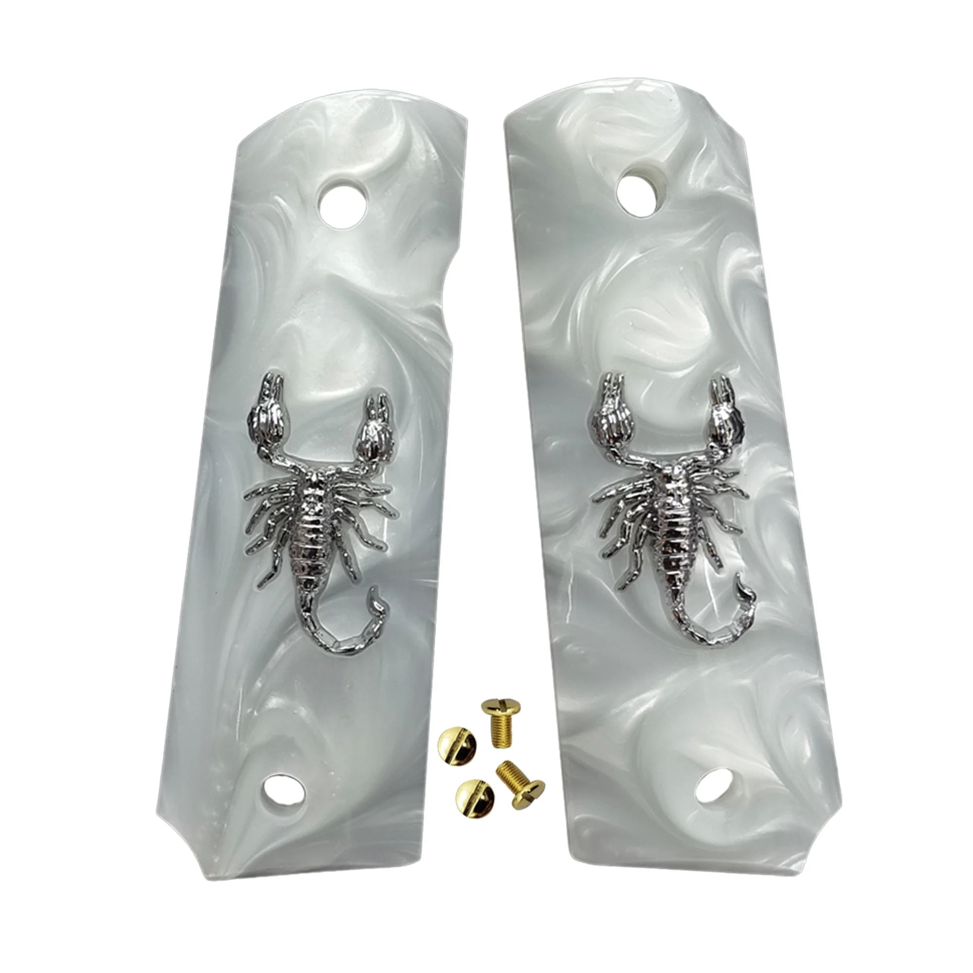 

Рукоятки 1911 Full Size, белый перламутр с серебряным скорпионом, подходят для Colt, Kimber, Springfield, Remington, Rock Island, Government Commander.