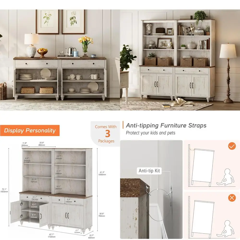 Rustic White 72 5-Tier Bookshelf with Barn Door and Storage, Ideal for Living and Kitchen Spaces