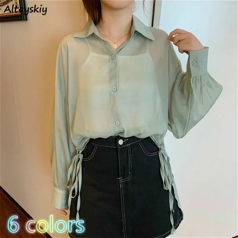 Blouses Women Summer Vintage Solid Chic Purple Ulzzang Teens Blusas Sheer Top Sun-proof Leisure All-match Basic Womens Outwear