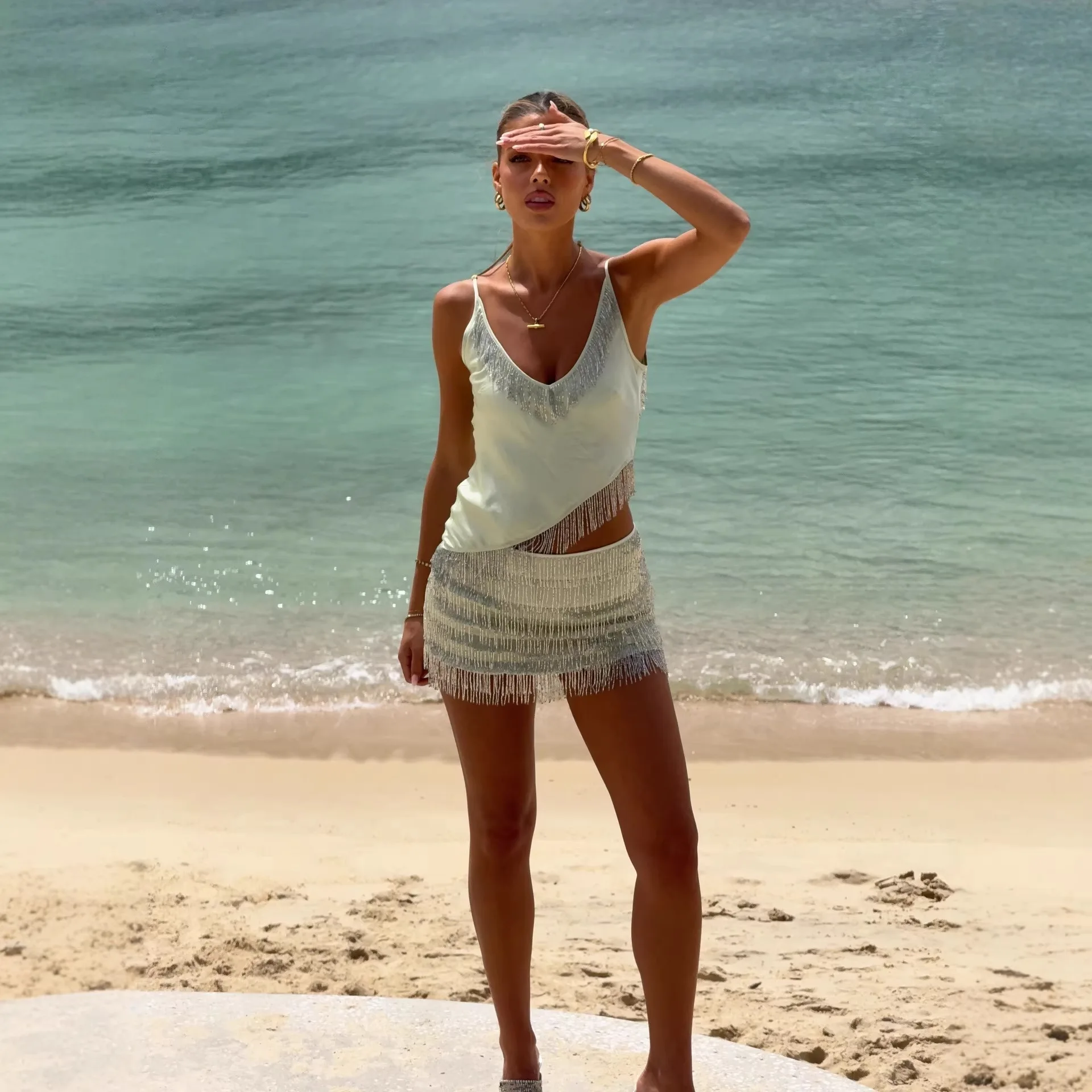 

Sexy Beach Skirts Set Women Asymmetric Tassels Sleeveless Top+Mini Skirts Two Piece Set 2026 Summer New Holiday Party Outfit
