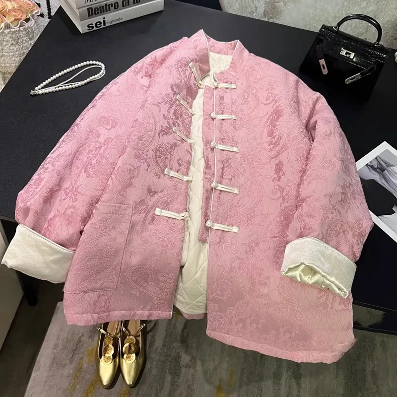 

Pink Flower Print Cotton Coat Frog Button Women Pockets Jacket Stand Collor Wool Chinese Outerwears Autumn Winter
