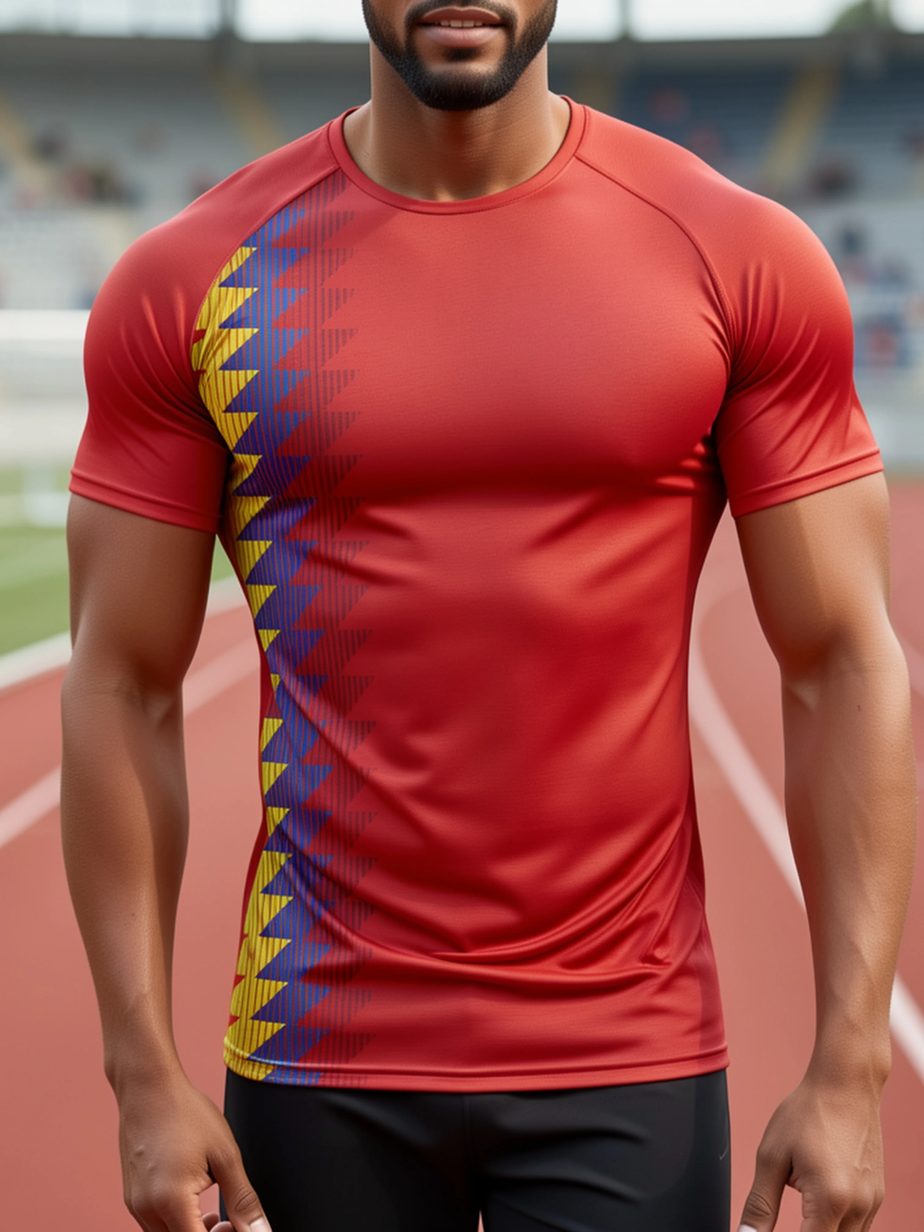 Men Sports Tee High Elastic Quick Dry Breathable Jersey Red Side Triangle Print Running Training Top
