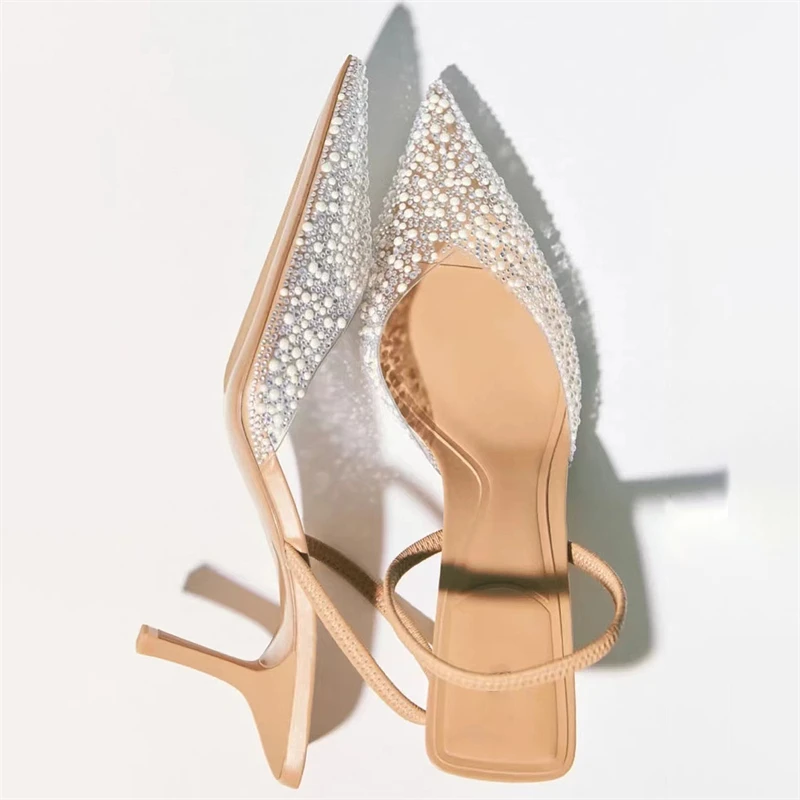 TRAF French Style Kitten Heels Slingbacks For Woman Pearl Transpatent Point Head Mid Heel Pumps New Women Luxury Sandals Shoes