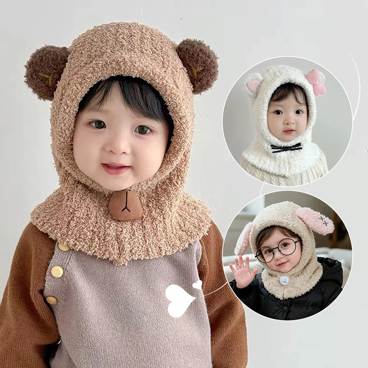 Cartoon Children Balaclava Headgear Winter Warm Kids Hooded Beanies 1-6Year Baby Ear Protection Cap Plush Scarf One-Piece Hat view 5