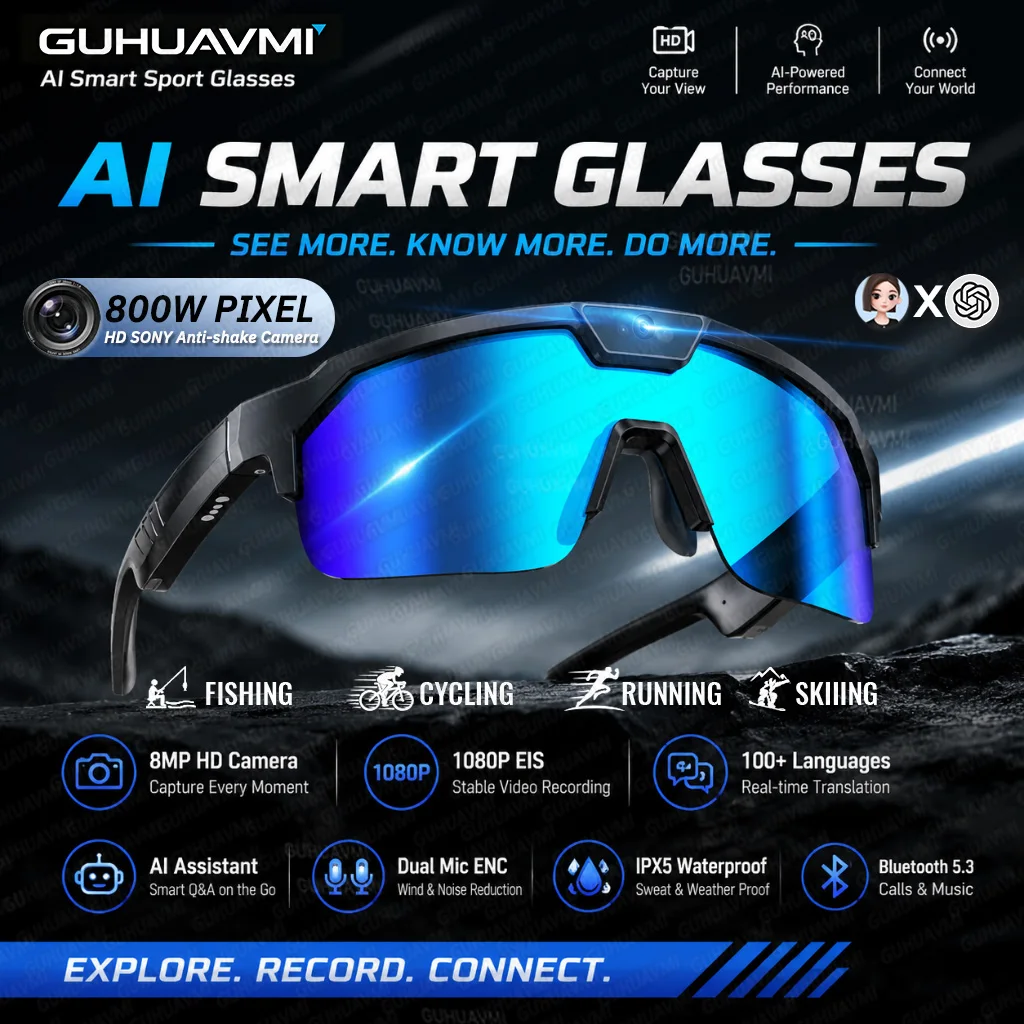 New AI Smart Glasses For Outdoor Cycling Goggles With 800W Camera HD Anti-Shake 1200P Video Recording Translation Sun Glasses