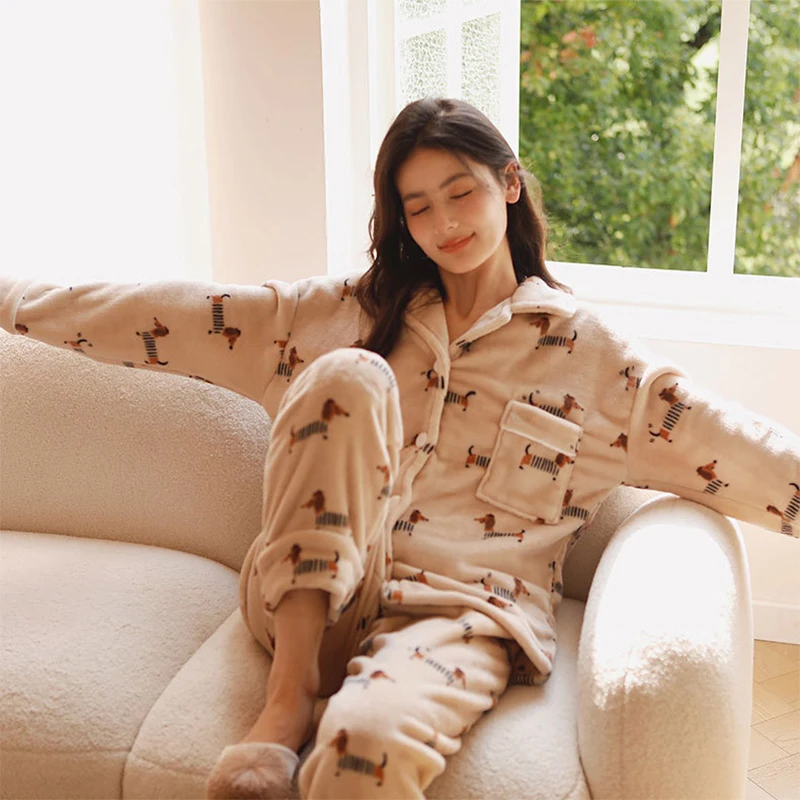 Fall Winter 2024 Women's Pajamas Cute Dachshund Print Cartoon Fleece Thick Top Pants Two Pieces Set Nightgown Sleepwear 49907