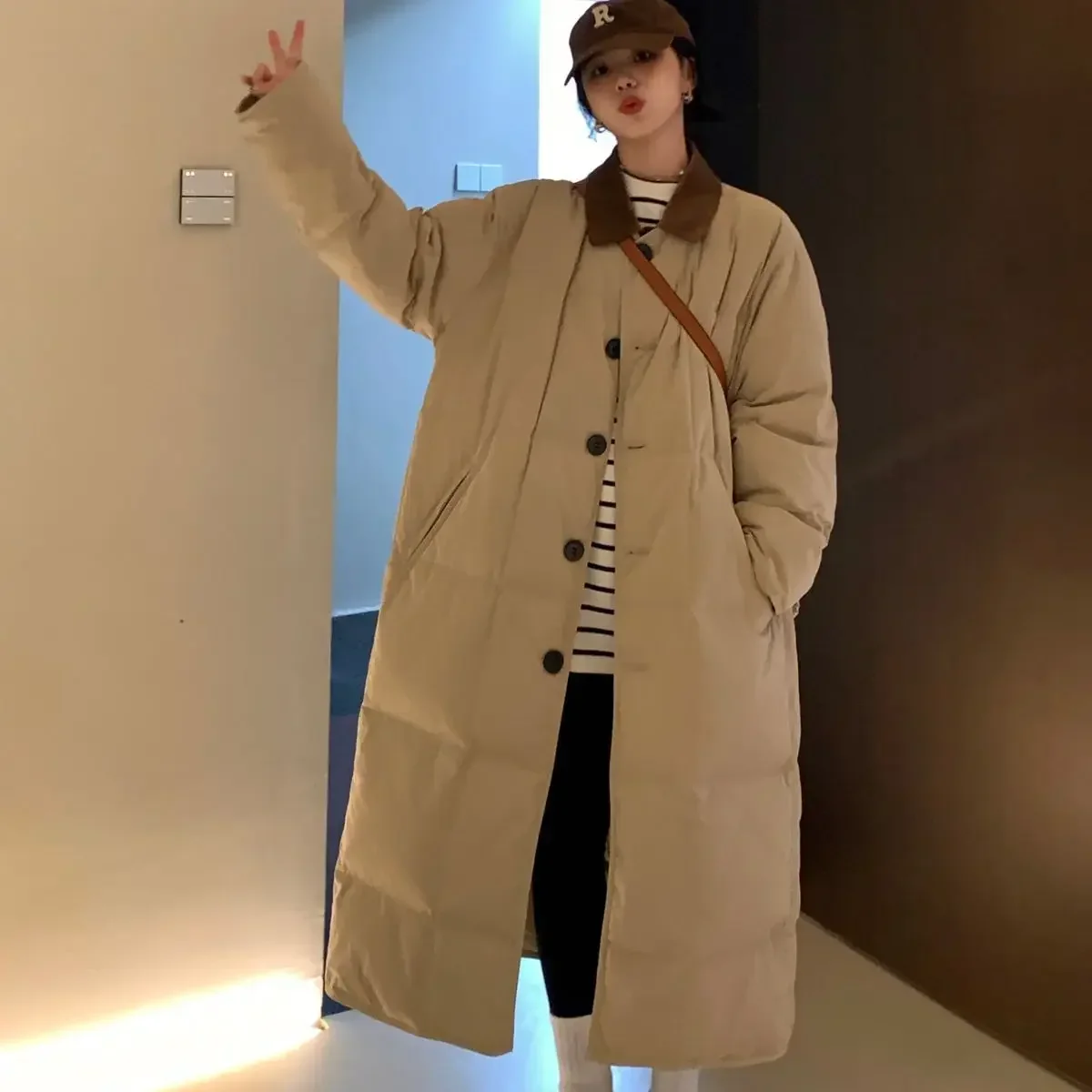 女性用パーカー,襟を折りたたんだ韓国スタイル,長袖,厚手のロングコート,シングルブレスト,スプライスコート,ルーズフィット,秋冬,2023