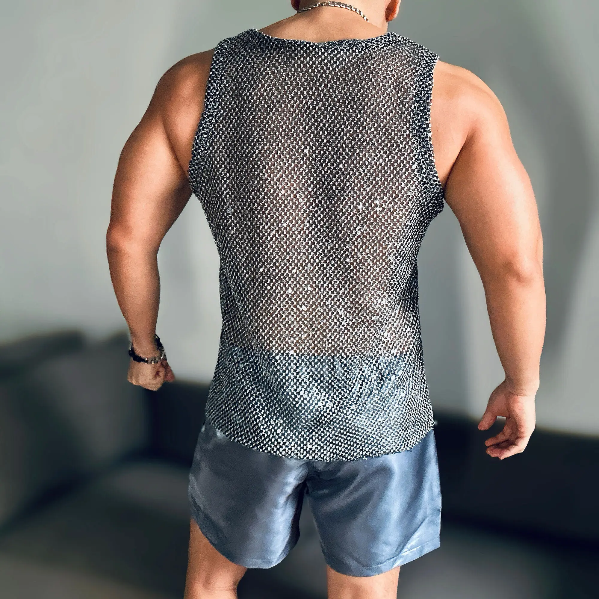 Summer glossy silver sleeveless men sports party club tank top Plus size shiny t shirt streetwear