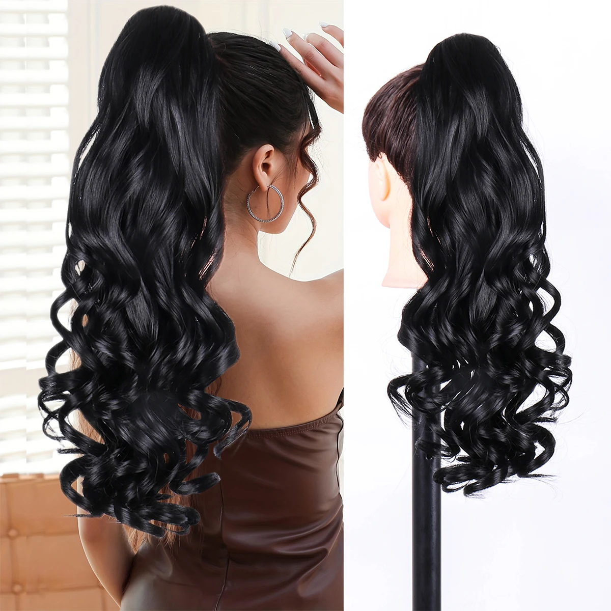 Heat Resistant Fiber Synthetic Hairpieces Long Curly Wavy Ponytail Extensions black 20Inch pony tails hair extensions High Quali