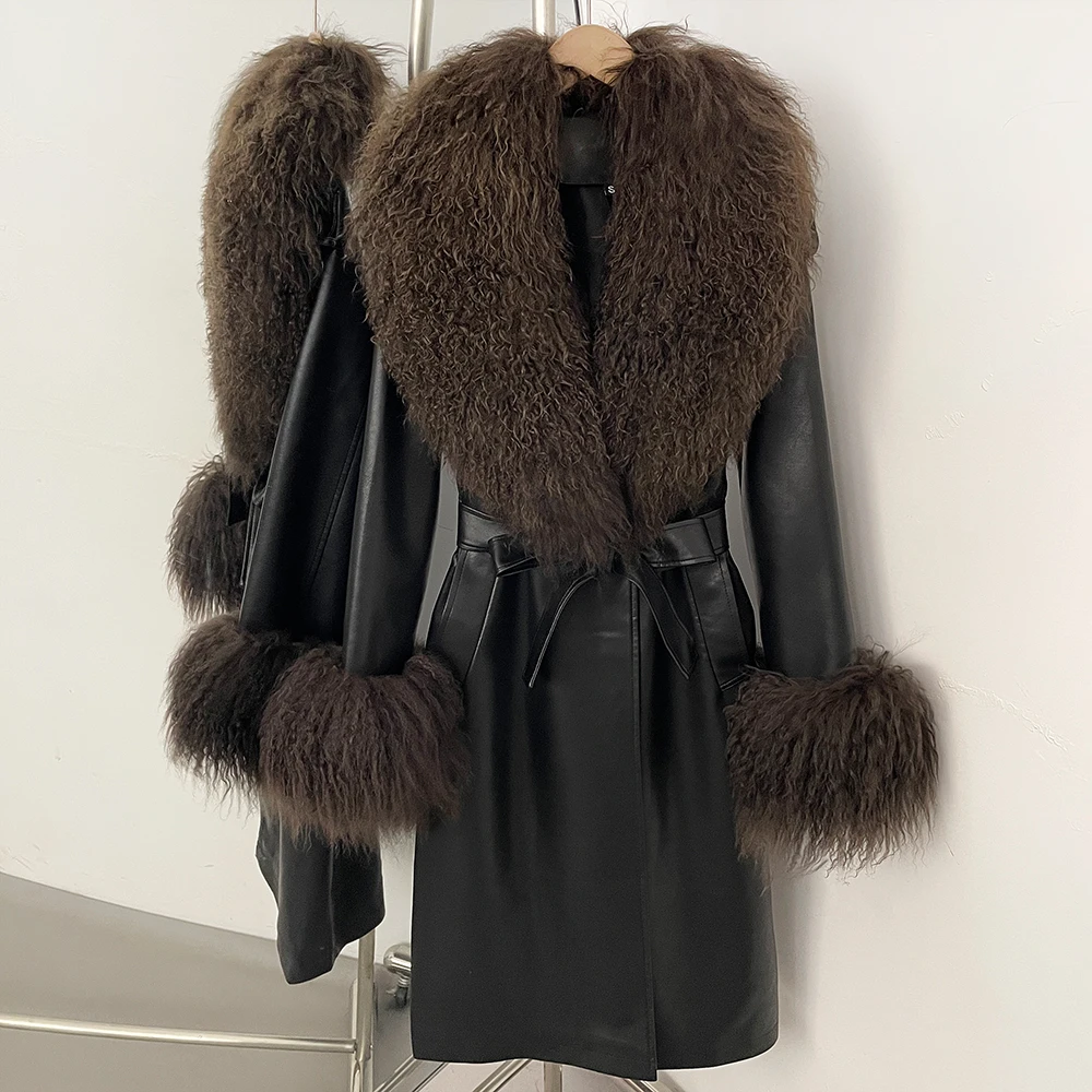 

PU Real Fur Coats for Woman Mongolia Sheep Fur Women's Natural Fur Coat Women's Winter Jacket with Real Fur Warm Women's Jackets