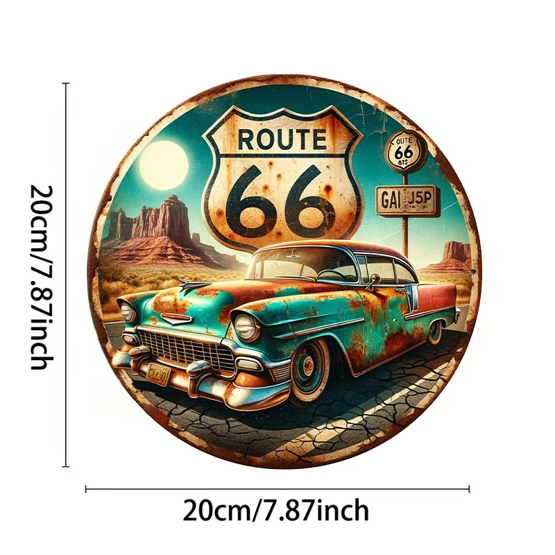 Vintage Route 66 Metal Wall Art Sign - 8x8 Inch Retro Americana Decor with Classic Car & Desert Scene - Rustic Tin Plaque for Ho view 2