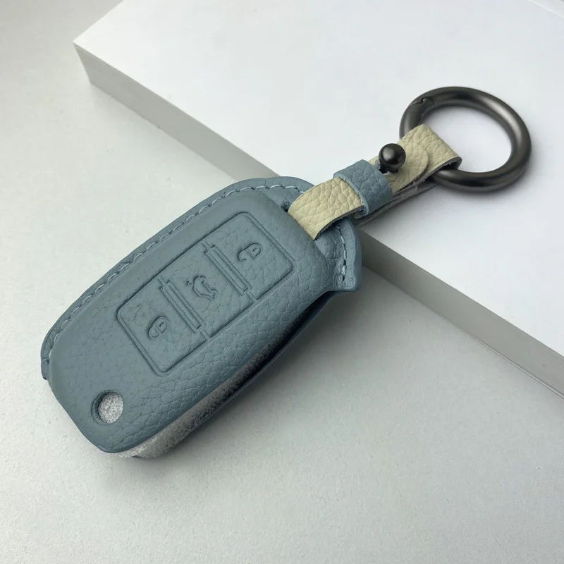 Suitable For  Volkswagen Polo 2009-2018 Simple Style Handmade Leather Car Remote Key Case Cover Two Color Combinations