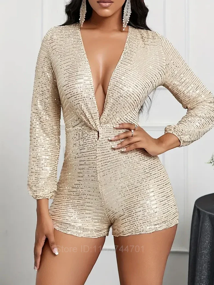 Letnie seksowne body z długim rękawem dla kobiet Apricot Vintage Deep V Sequins Lady Short Jumpsuit 2025 Fashion Club Party Rompers