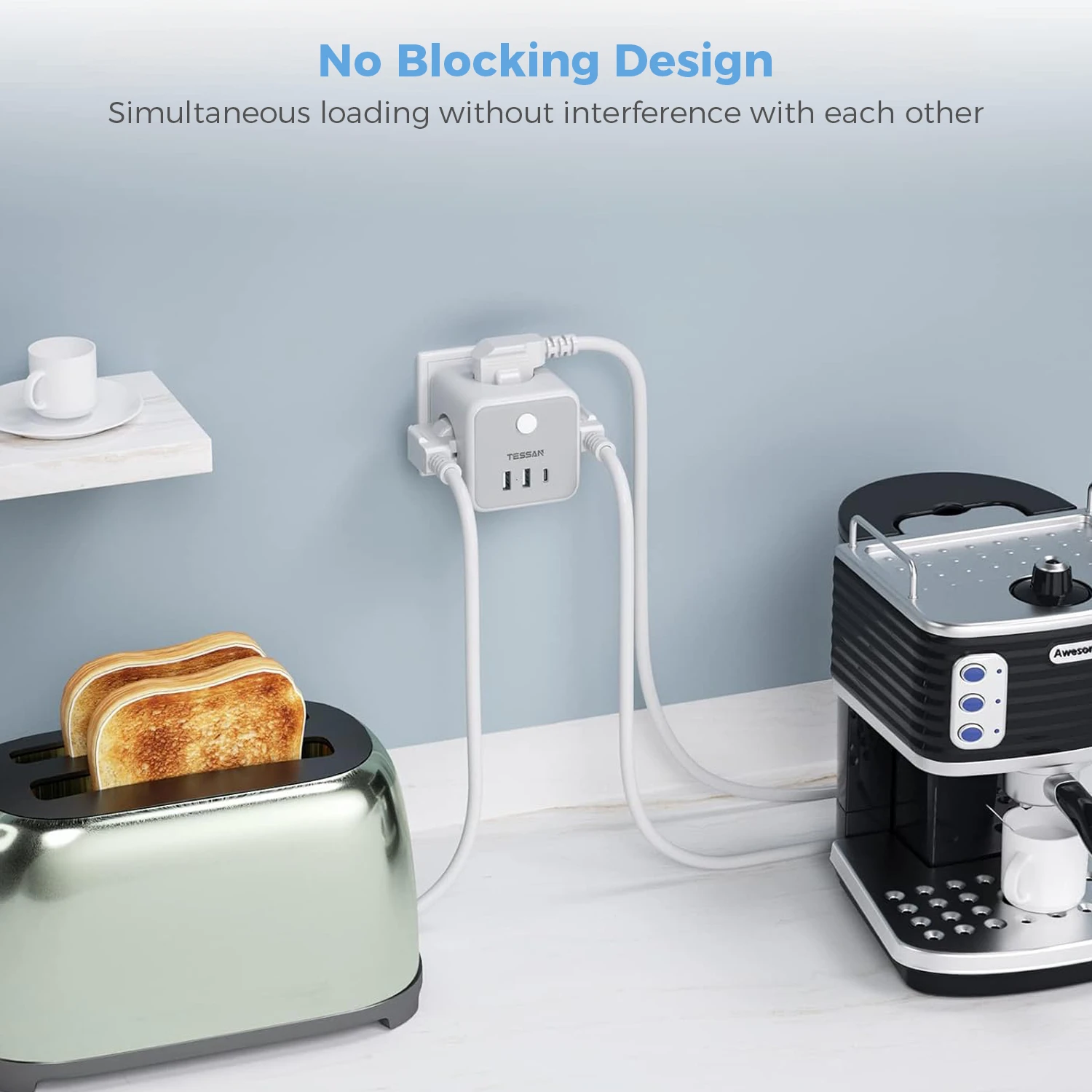 TESSAN FR Tomada de parede Cube Power Strip com 3 tomadas francesas e 3 portas de carregamento USB 6 em 1 Multi Tomadas Adaptador de tomada de alimentação