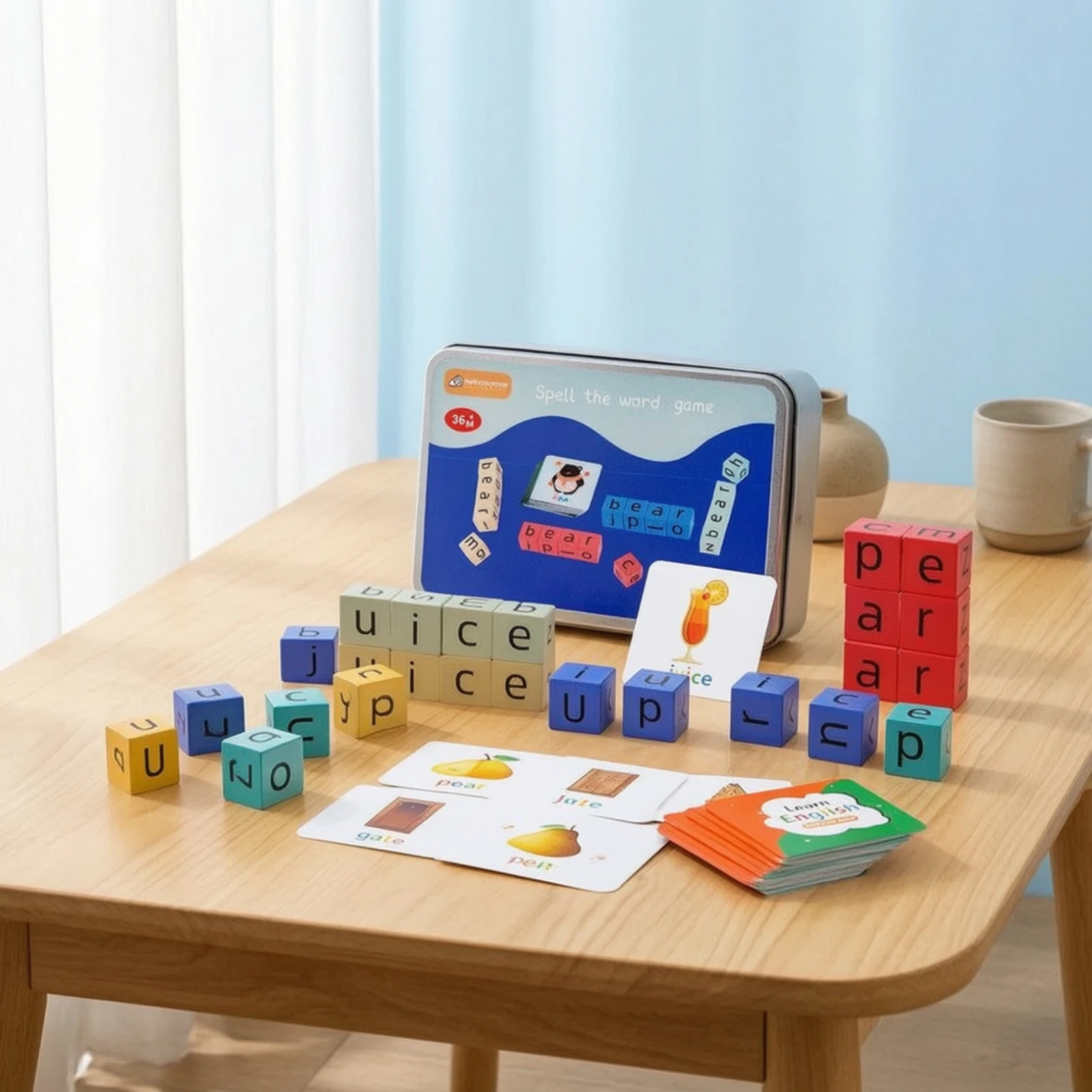 Letter Matching Game Hands-on Spelling Toy with Storage Tin Alphabet Blocks with Tin Portable Letter Cubes Game Compact