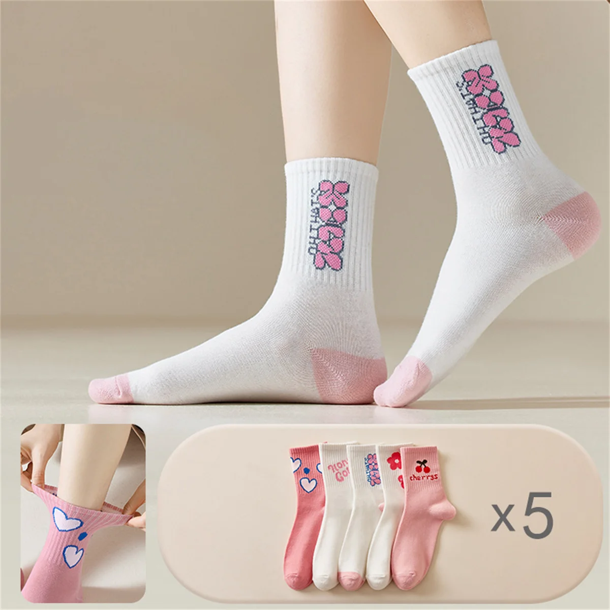 

Dreamlikelin 5pairs/lot Korean Style Female Socks Heart Flowers Cherry Print Women Girls Pink Middle Tube Socks