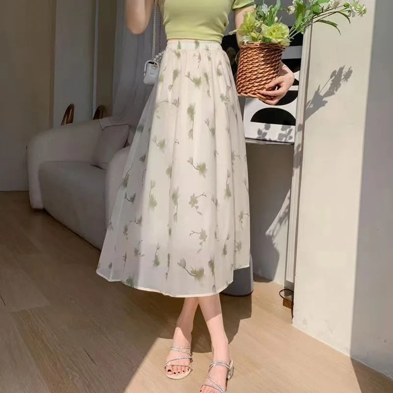 Women Beige Black Floral Print Chiffon Midi Skirt Elastic High Waist Flowy A Line Skirt