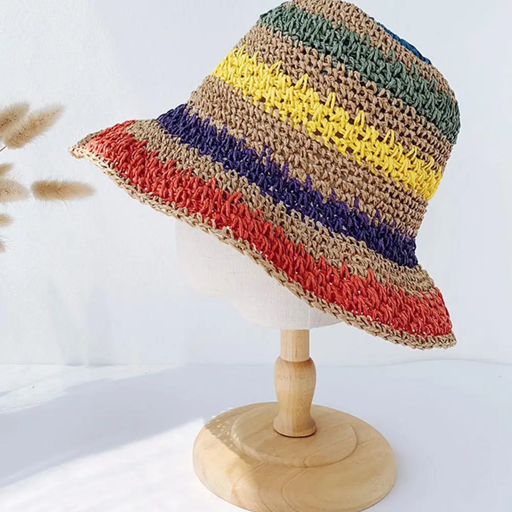 New Popular Summer Beach Bucket Hat Cap For Women Crochet Straw Rainbow Spring Fish Hat Outdoor Female Lady Gift Wholesales