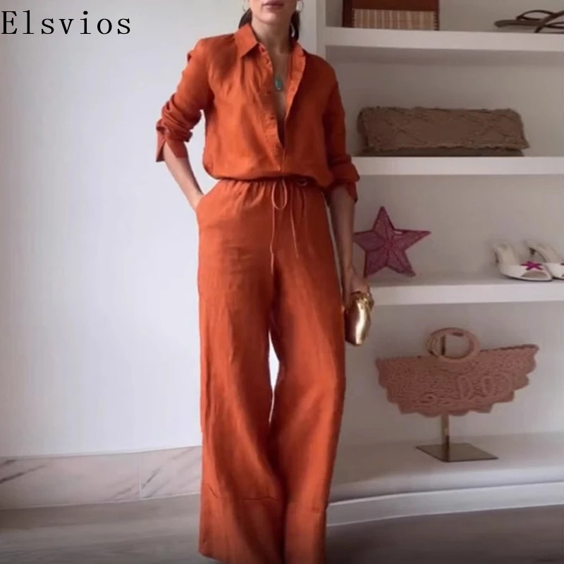 

New Slim Office Outfits Ladies Casual Long Sleeve Button Shirts&Drawstring Pants Set Fashion Solid Lapel Collar Temperament Suit