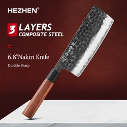 HEZHEN 6.8 Inches nakiri Knife 3 Layers Composite Steel High quality Red Wood handle Kitchen Accessories