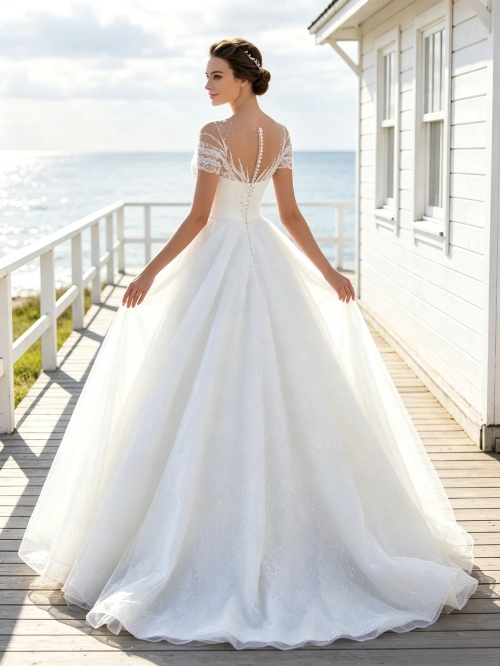 Customized Off Shoulder V-neck Lace Wedding Dress New Garden Decal Sequin Sheer A-line Long Bridal Gown with Pearls At The Back