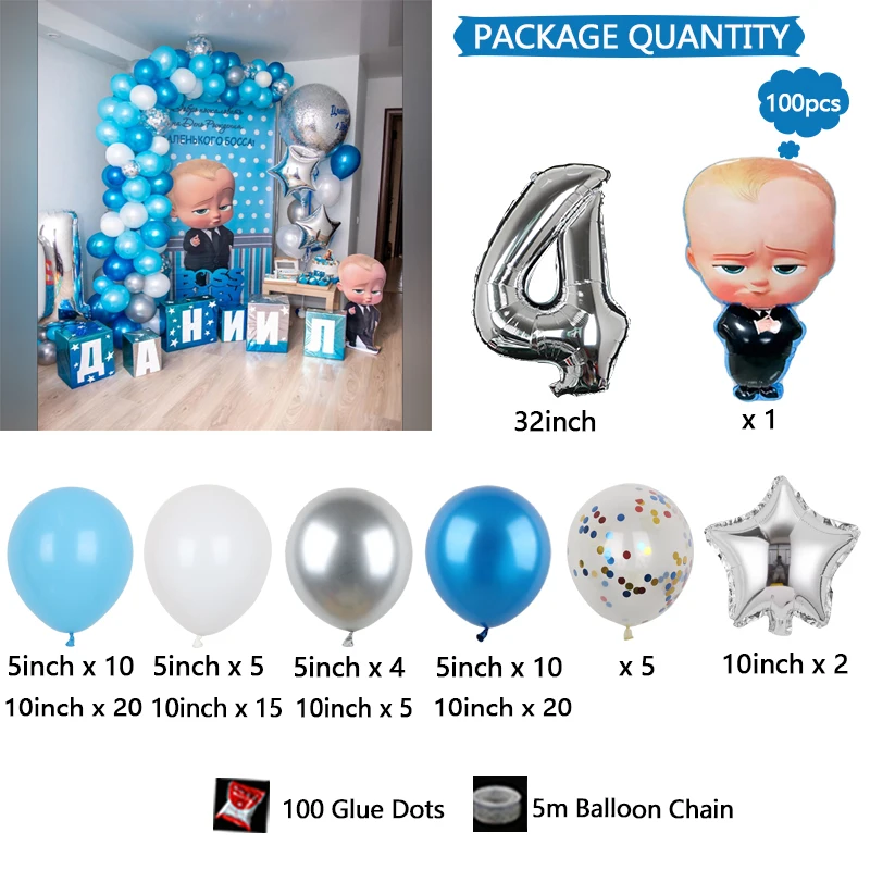 Set di palloncini per baby shower in lattice colorato digitale argento boss baby calvo da 100 pezzi, vacanze, compleanni, forniture per feste di matrimonio