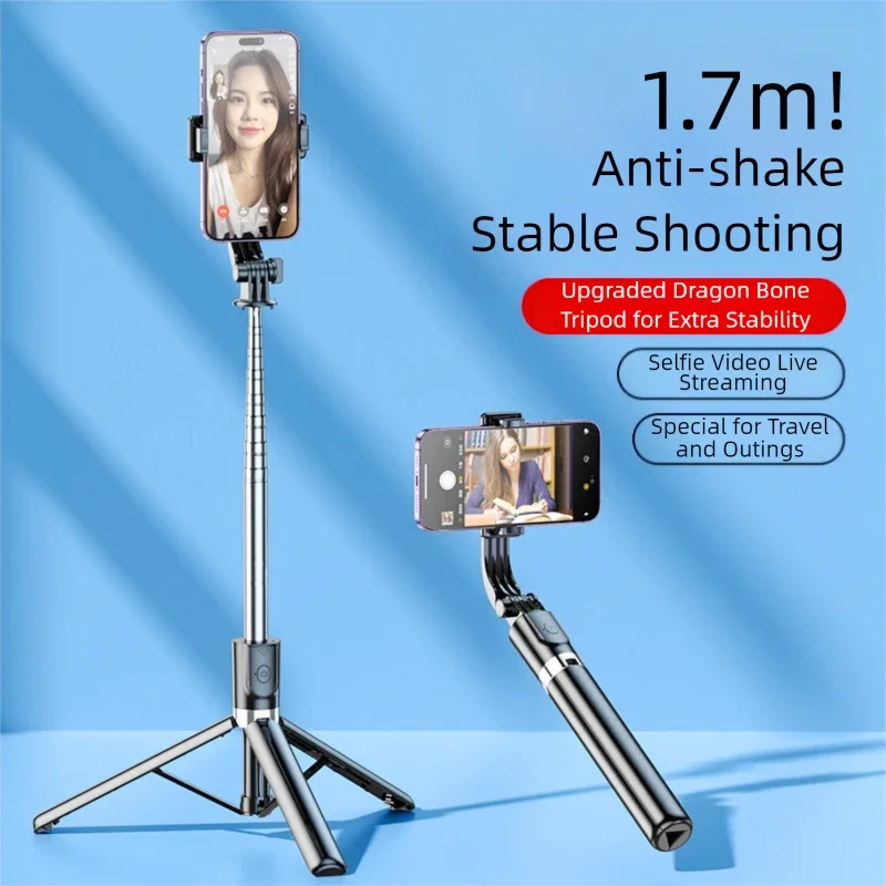 Bastão de selfie portátil, 1.7 metros, ultra longo, estiramento, suporte para telefone, bluetooth remoto com luz de preenchimento, tripé para transmissão ao vivo