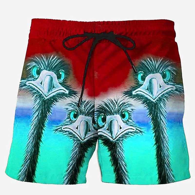 Men Funny Shorts Ostrich Gradient Stripe 3D Print Graphic Quick Dry Swim Trunks Summer Outdoor Sport Fashion Novelty Beach Short