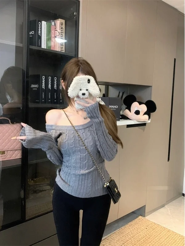 سترة محبوكة بدون أكتاف للنساء بقصة ضيقة وقاعدة كتف irt العصرية Ci Walk الكورية Sle طويلة Sve متماسكة...