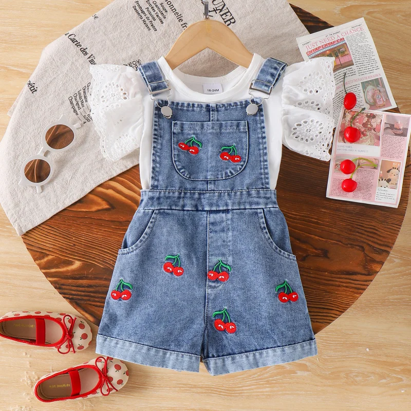 

Children's clothing Girls' white outfitTShirt+Blue Suspender Pants