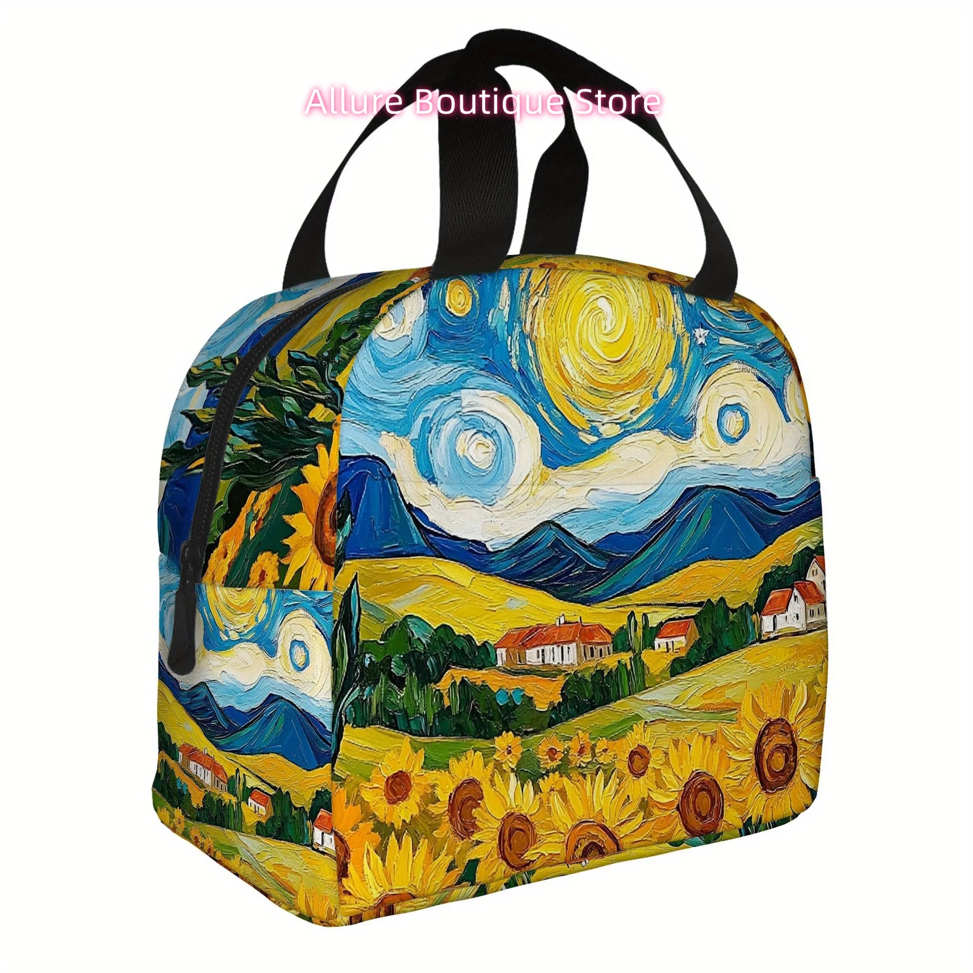 1pc a Thermal Bag Featuring Sunflowers Against a Swirling Sky Design. This Insulated Bag Is Not Intended for Direct Food Contact