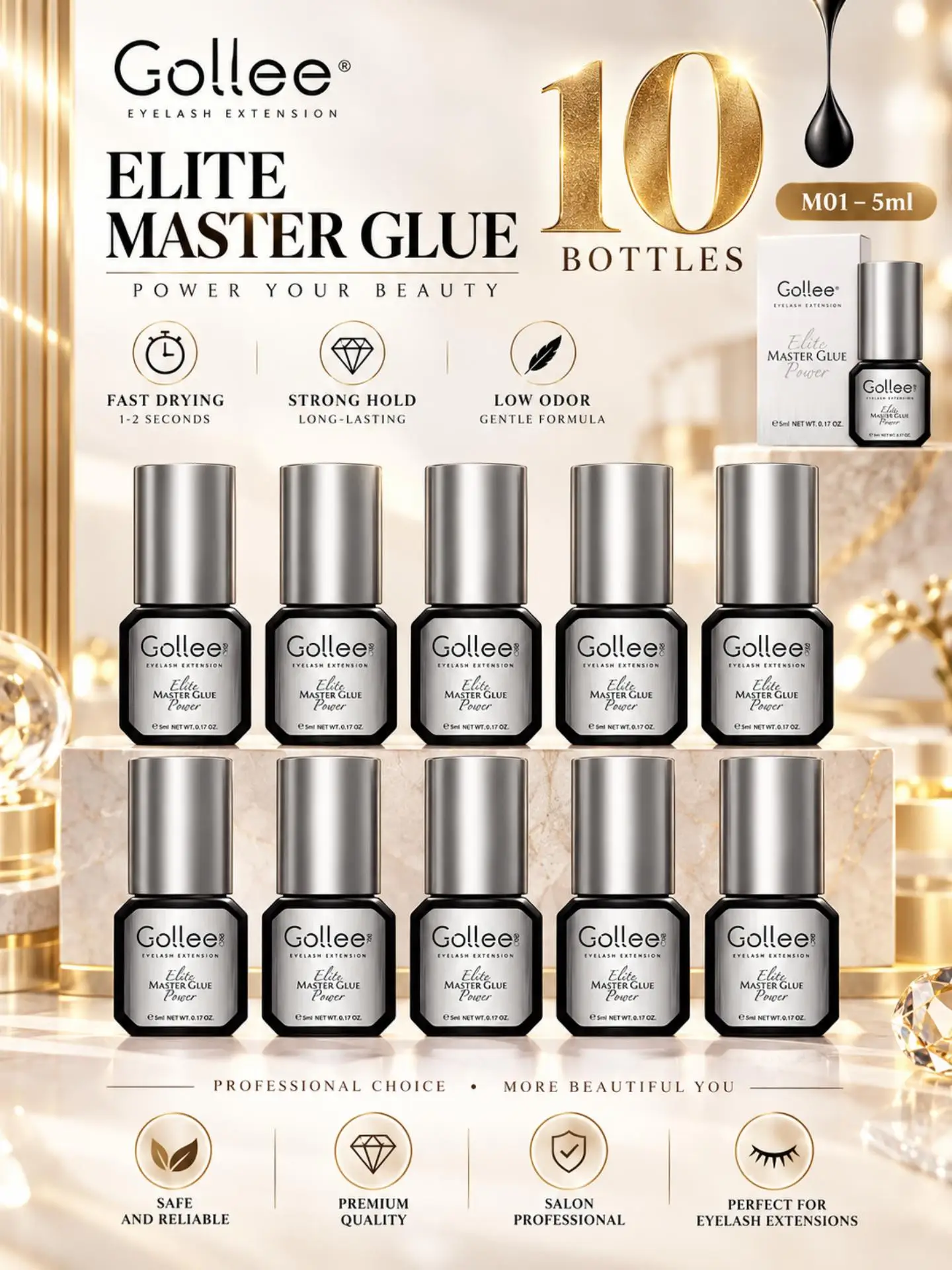 Gollee 10PCS Eyelash Extension Glue 0.5s Dry Pegamento Pestañas Waterproof with Bonder Lash Glue 15ml Eyelash Supplies Wholesale