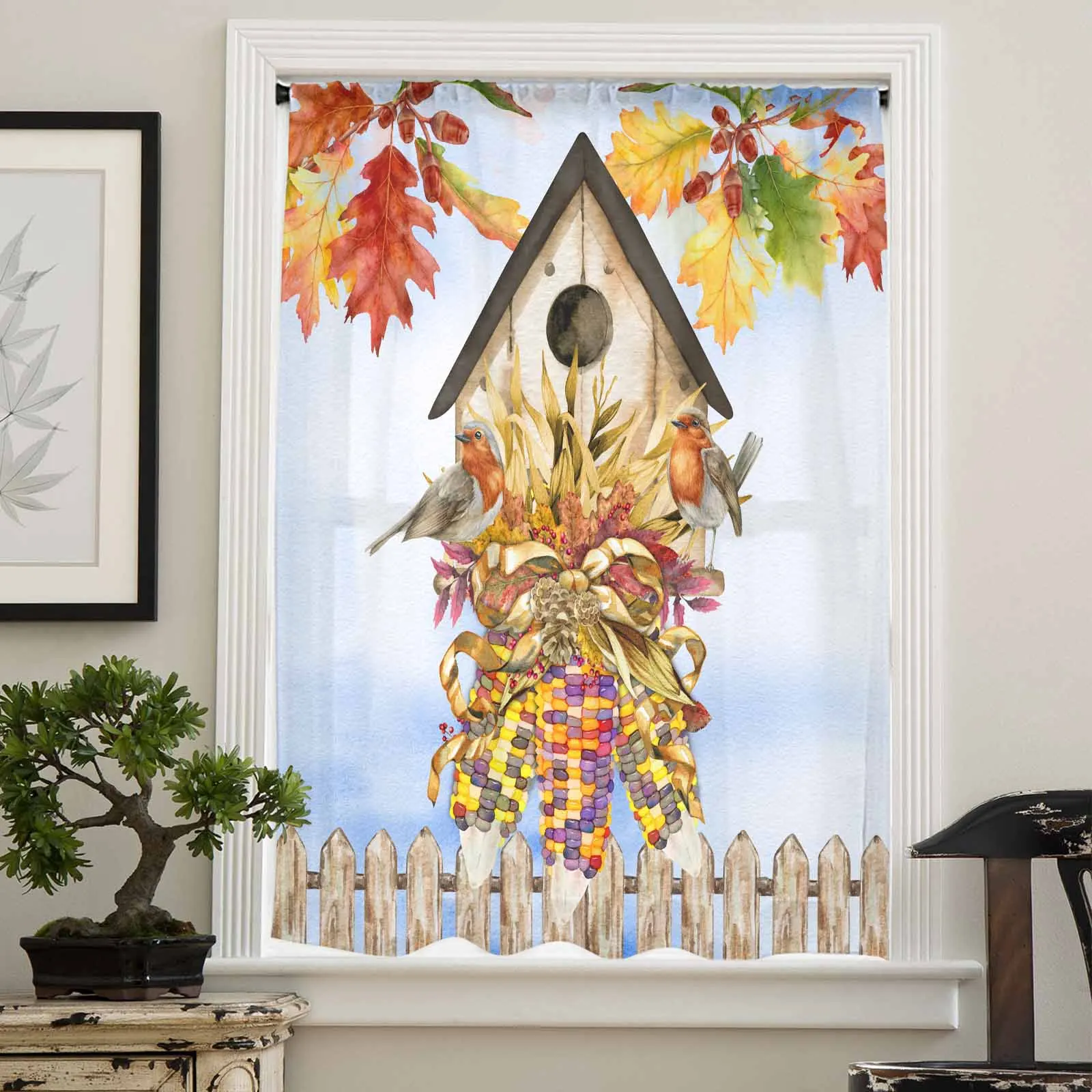 Autumn Bird House Maple Leaf Colored Corn Wood Fence Sheer Curtain Living Room Drapes Home Voile Curtain Tulle Window Curtain